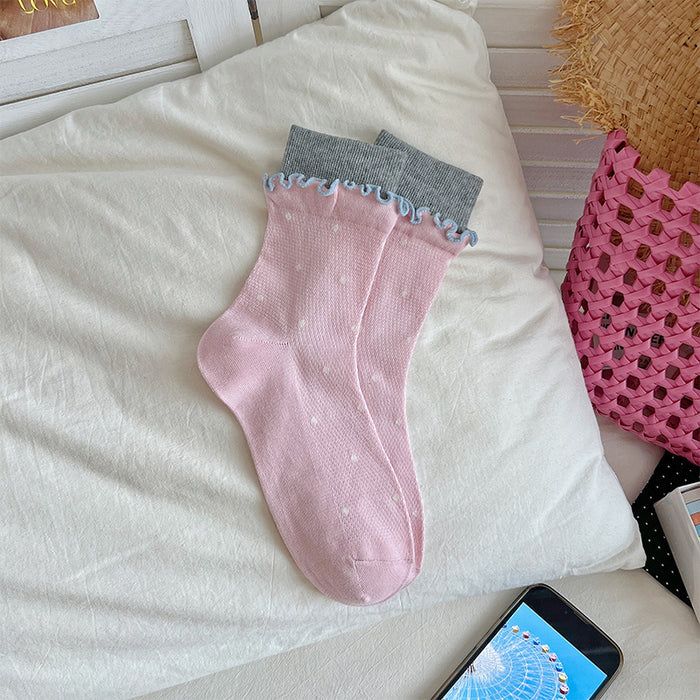 Wholesale Sweet and fashionable rolled edge polka dot combed cotton pile socks