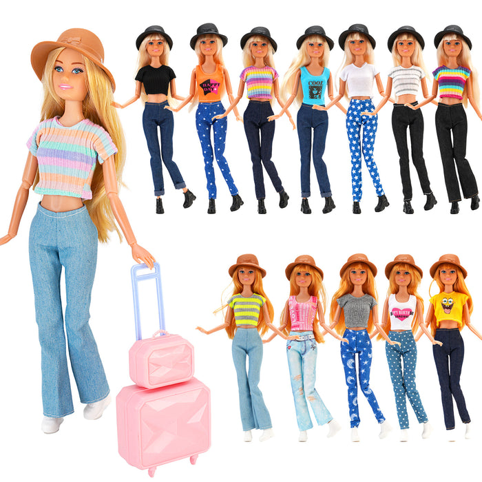 Wholesale 11 inch doll fashion travel variety of striped shirt jeans