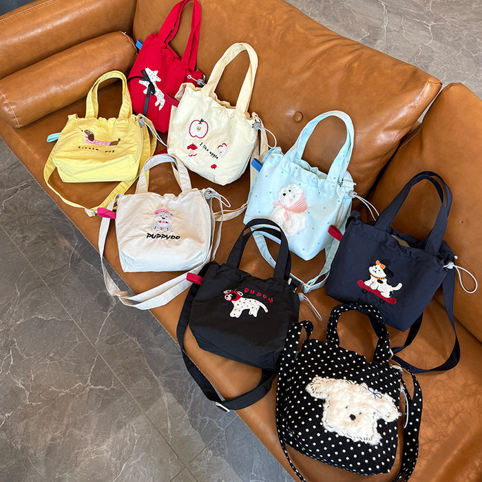 Wholesale New single shoulder canvas bag, cute cartoon embroidered crossbody bag, casual large capacity drawstring tote bag