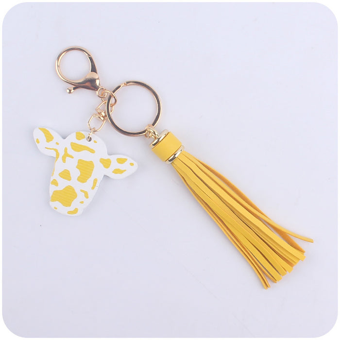Wholesale Cartoon Western Bull Head Wooden Pendant Creative Colorful Long Tassel Key Ring Pendant