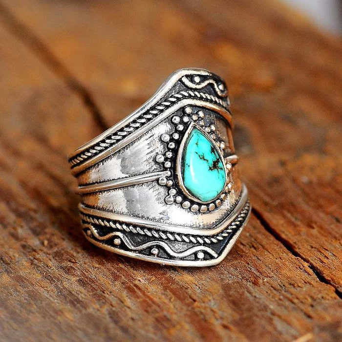 Wholesale Vintage turquoise irregular ring, personalized droplet shaped exaggerated accessory