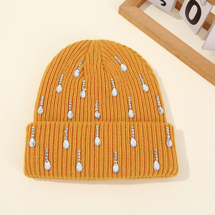 Wholesale Pearl sparkling diamond knitted hat,  double-layer outdoor warm woolen hat