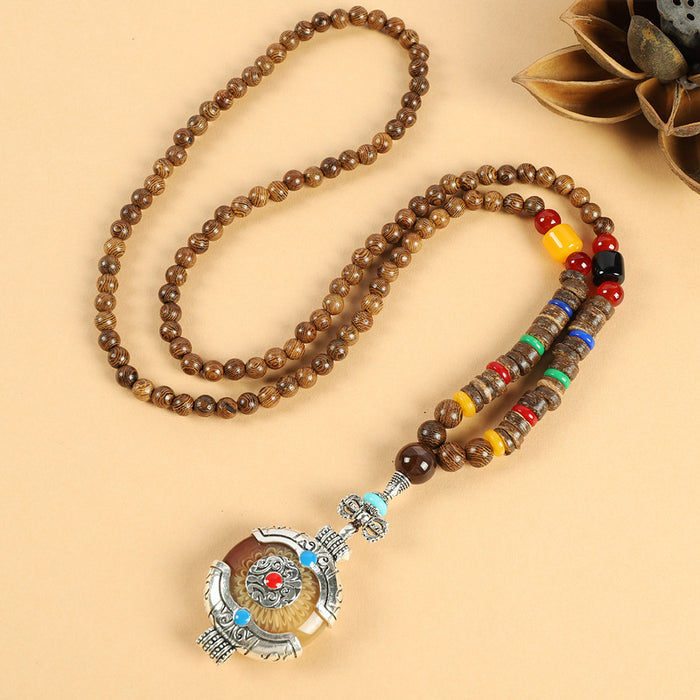 Wholesale Long Cotton and Linen Accessories Wooden Pendant Buddhist Beads Necklace JDC-NE-Luox003