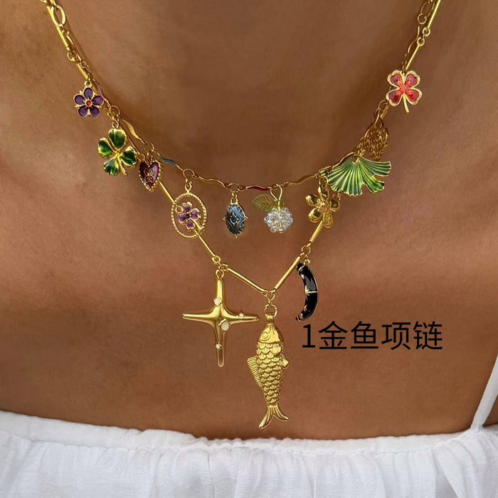 Wholesale Fashionable copper gold fish necklace with exquisite zirconium pendant necklace, collarbone chain, electroplated gold