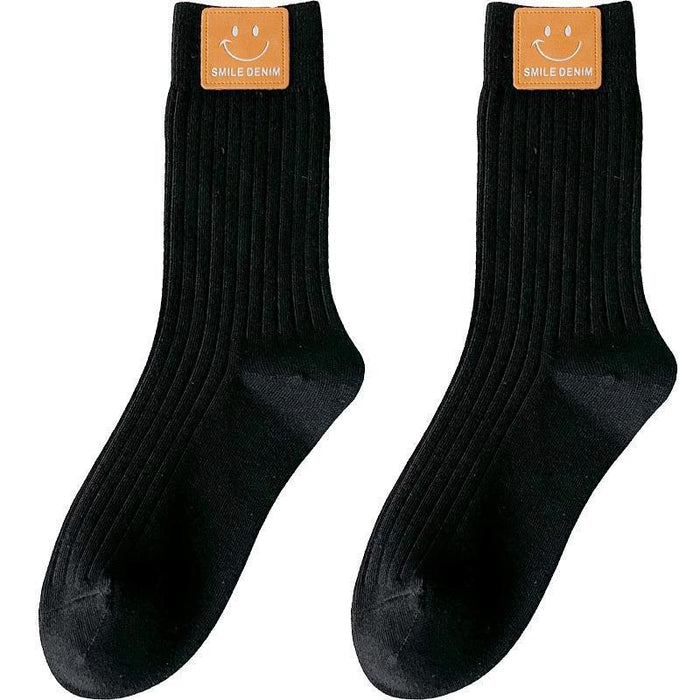 Wholesale Socks, mid tube socks, pure cotton black and white Zhuji socks, smiling face leather label, long tube socks