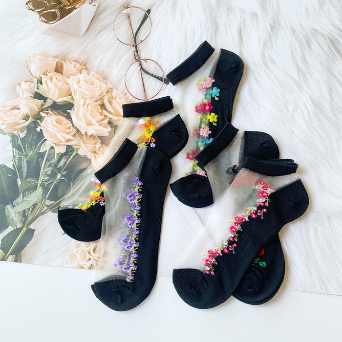 Wholesale mid-calf Crystal stockings spring and summer thin embroidered glass Silk women' s socks middle-aged and elderly non-slip socks