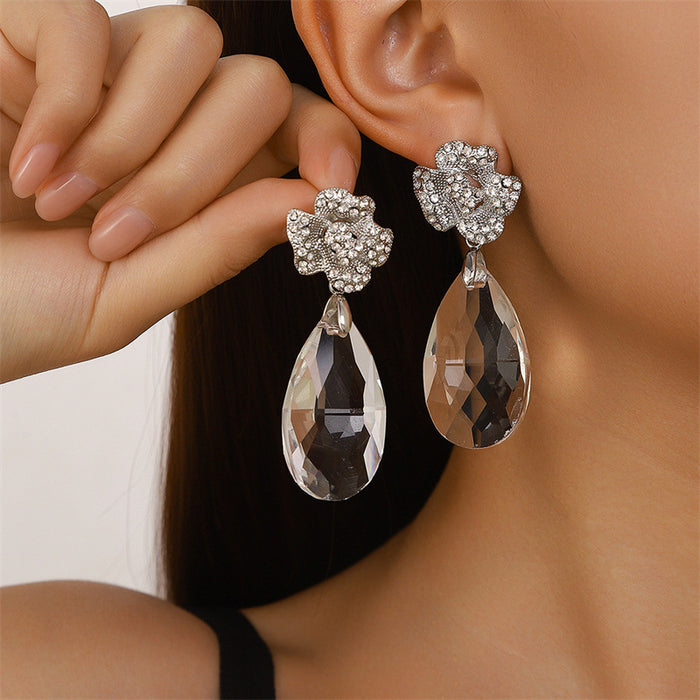 Wholesale Silver Crystal Water Drop Floral Drop Earrings Chic Jewelry Accessory MOQ≥2