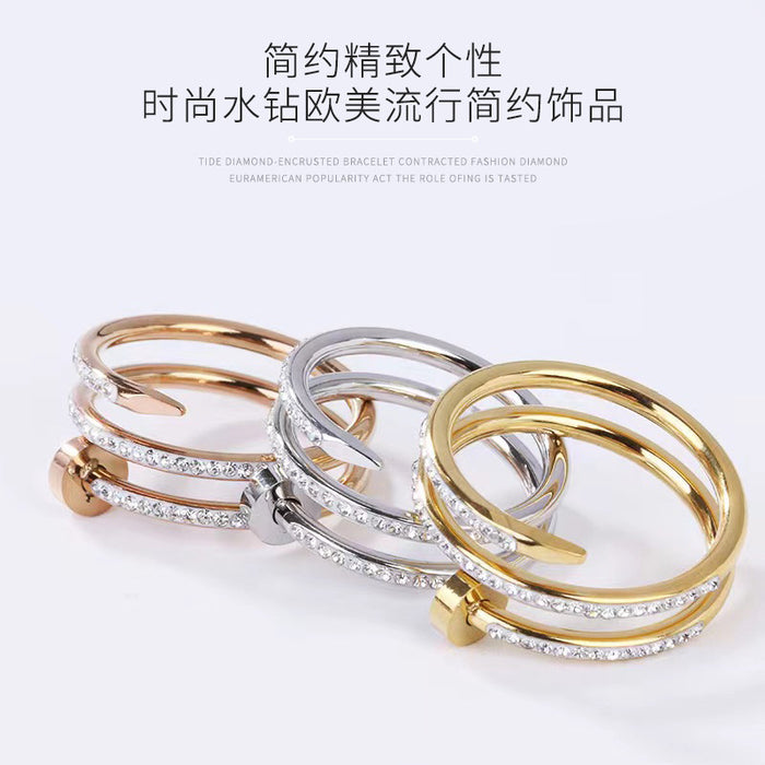 Wholesale Open Adjustable Double Layer Diamond Inlaid Stainless Steel Bracelet JDC-BT-Jinh006