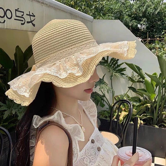 Wholesale Straw hat, lace bow, sunshade and sun protection hat, UV resistant sun grass hat