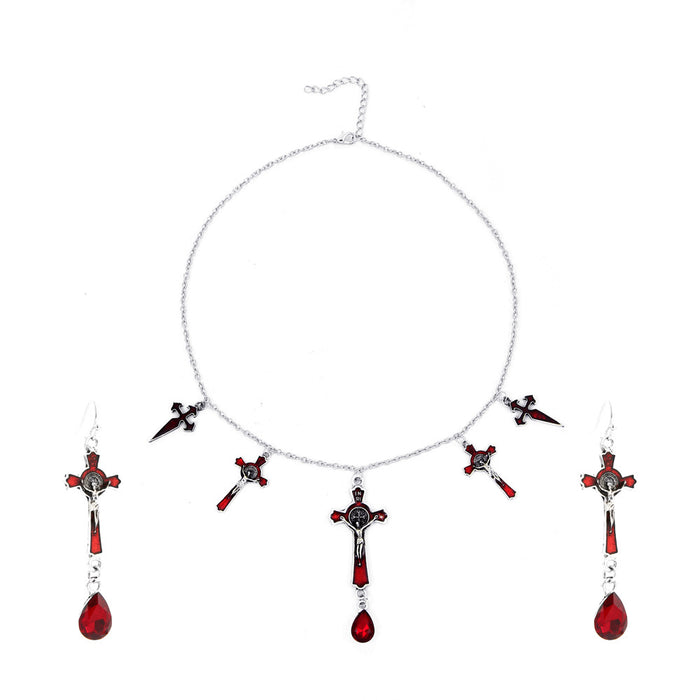 Wholesale Gothic Bat Earrings and Cross Pendant Necklace Set Red Drop Design Alloy Jewelry