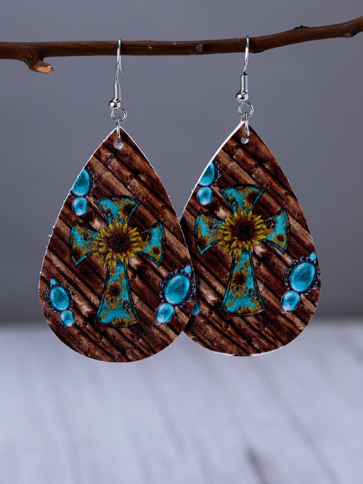 Wholesale Water Drop Shape Leather Sunflower Leaf Stripe Print Earrings JDC-ES-YiTian009