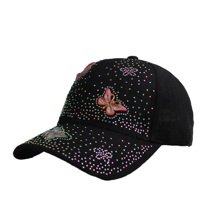Wholesale Butterfly-studded rhinestone linen baseball cap for outdoor use