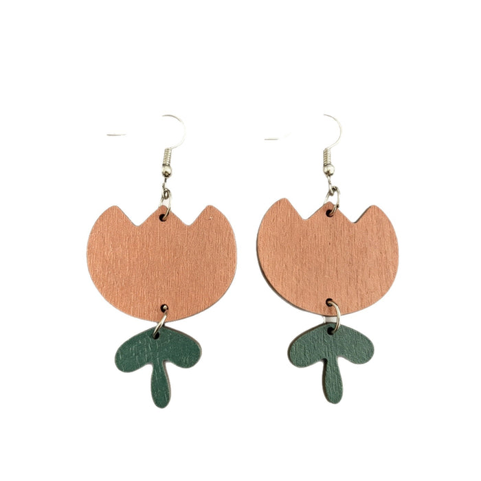Wholesale Forest Style Orange Pink Tulip Wooden Earrings Double Layer Flower Design