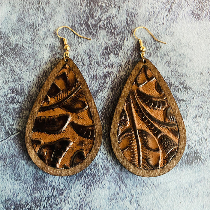 Wholesale Western leather earrings retro cow' s head Classic water droplets inlaid wooden earrings jewelry