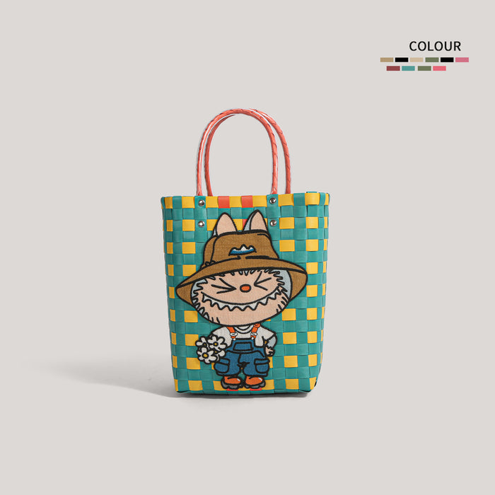 Wholesale  Plastic Woven Handbag Black Leather  Woven Vegetable Basket Handbag Handmade Bag