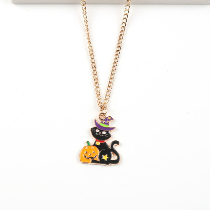 Wholesale Halloween Cartoon Ghost Black Cat Alloy Pendant Necklace JDC-NE-FuYu011