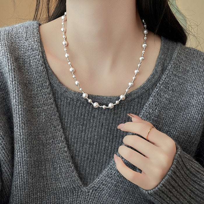 Wholesale Rose colored pearl bead necklace, atmospheric sweater chain, retro temperament, sliding buckle, adjustable collarbone chain