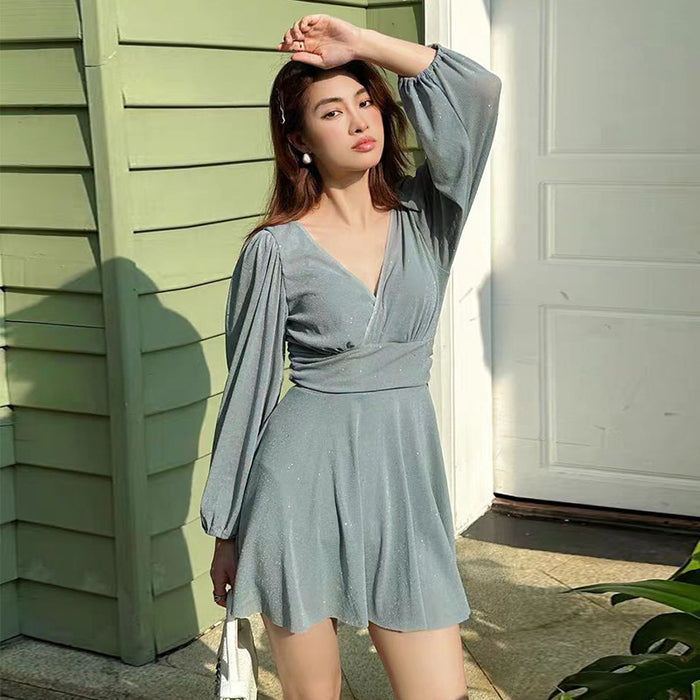 Wholesale Swimsuit one-piece long sleeved polyester temperament skirt style conservative slim fit sun protection hot spring swimsuit