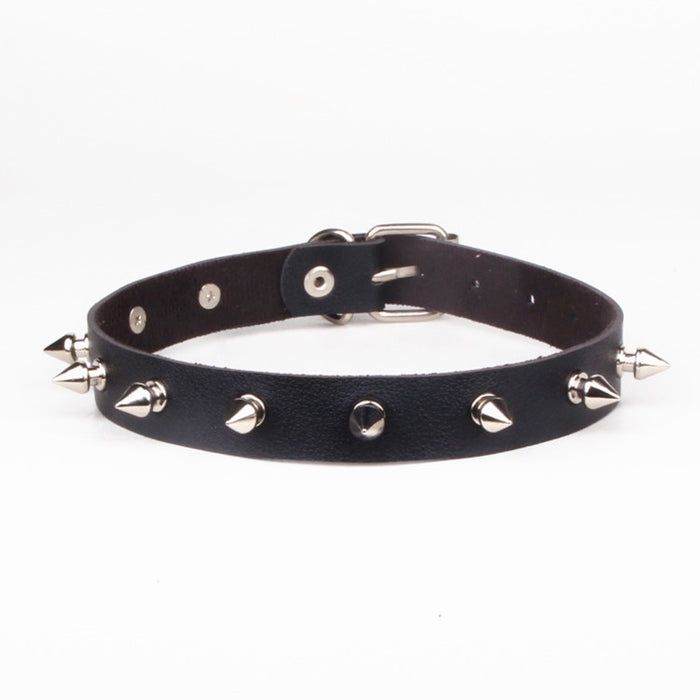Wholesale Sharp nail rivet PU leather collar neck chain with collarbone chain