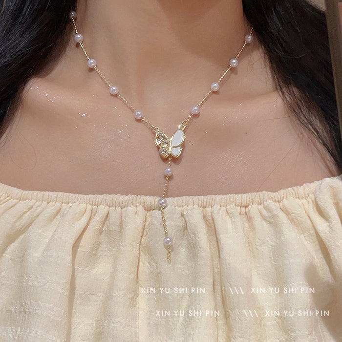 Wholesale Butterfly tassel pearl necklace, light luxury, high-end feeling, collarbone chain, new necklace