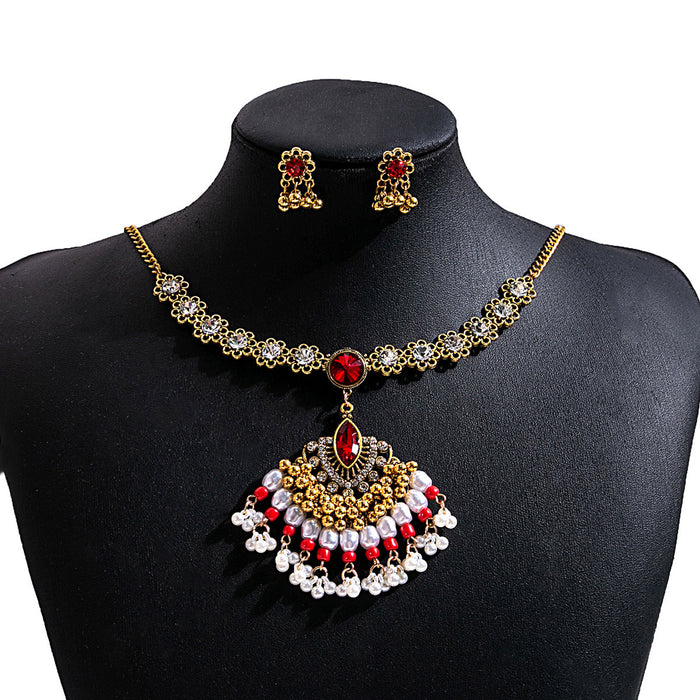 Wholesale Bohemian Turquoise Fringe Earrings and Necklace Set Alloy Jewelry