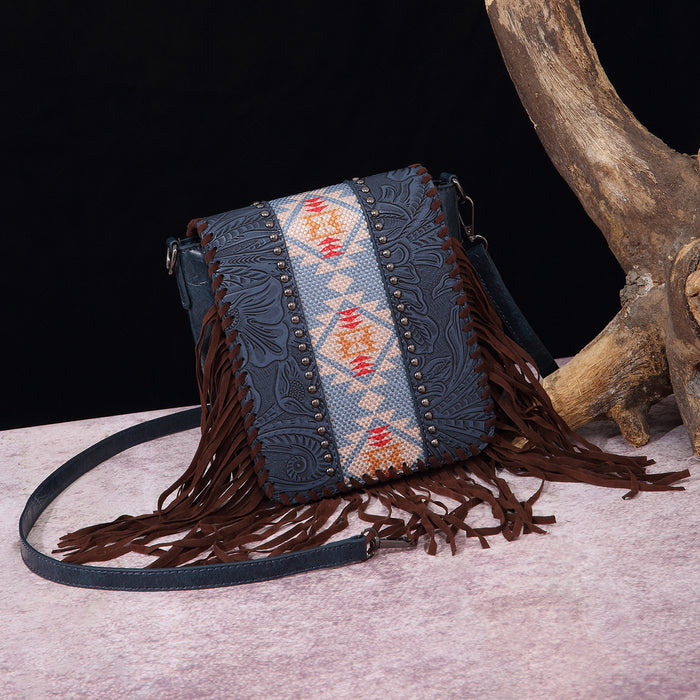 Wholesale Retro cotton and linen printed bohemian style leather carved shoulder crossbody women' s bag