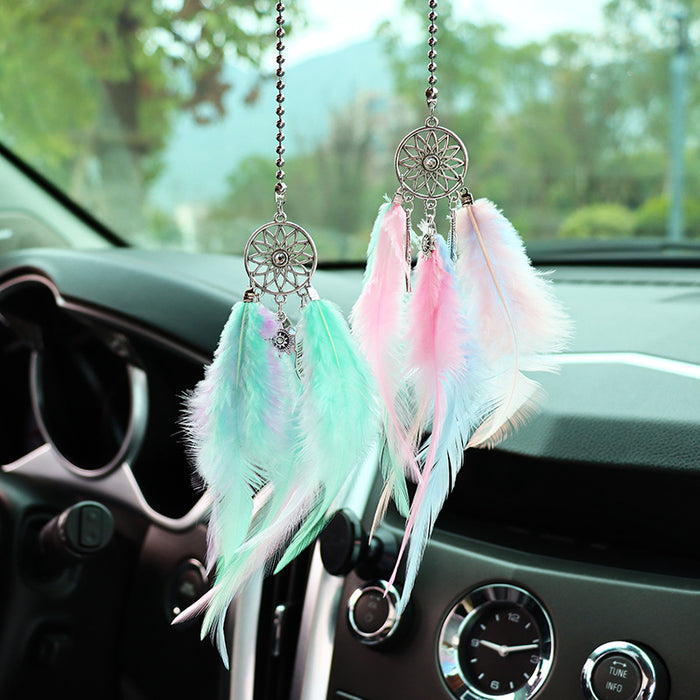 Wholesale Alloy White Feather Dream Catcher Car Hanging Decoration Rearview Mirror Pendant