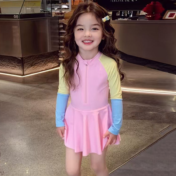 Wholesale Children's Swimwear Girls' Children's Polyester Long Sleeve Girl's Dopamine Skirt Hot Spring Swimsuit