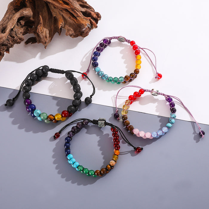 Wholesale Double layered volcanic stone woven adjustable bracelet with hand rope