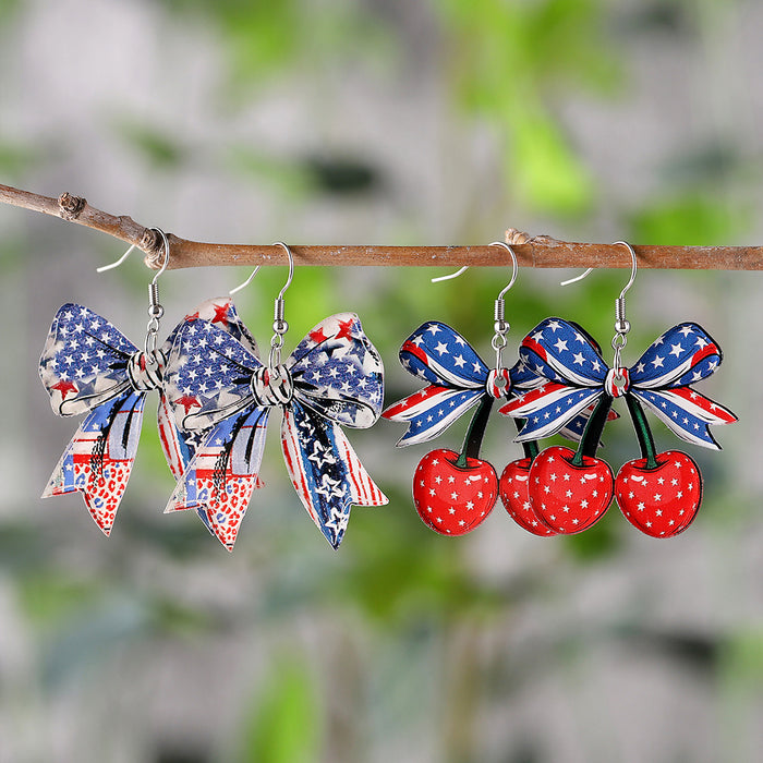 Wholesale Red, white, blue bow, cherry flag pendant earrings, acrylic earrings