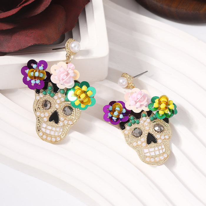 Wholesale Halloween Zinc Alloy Inlaid Zircon with Sequins Flower Skull Earrings JDC-ES-YueLi020