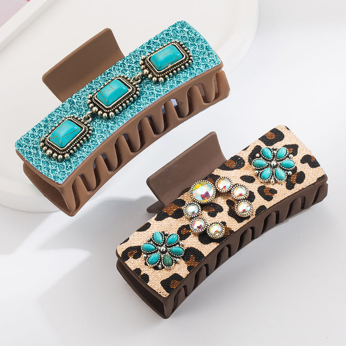 Wholesale Antique Silver Alloy Turquoise Accessories Western Style Leopard Print Sequin Leather Hairpin JDC-HC-HM005