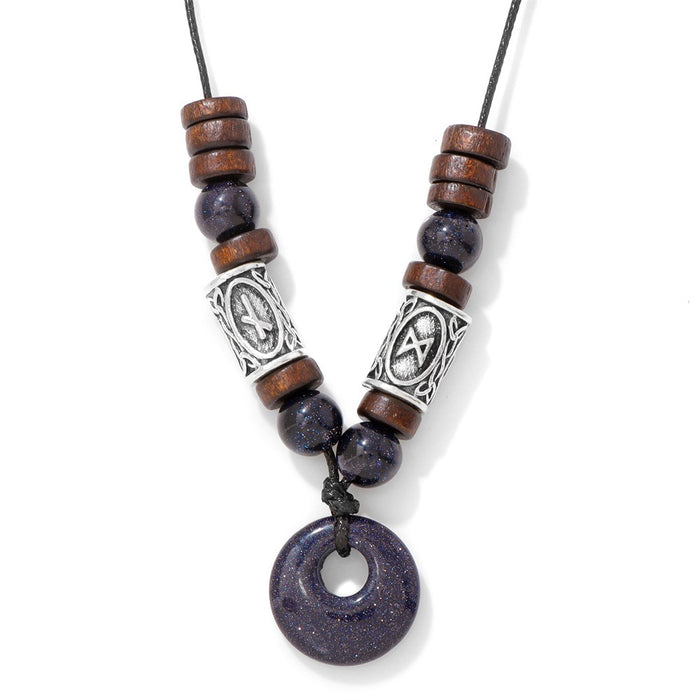 Wholesale Viking symbol necklace with stone pendant safety clasp and wooden beads