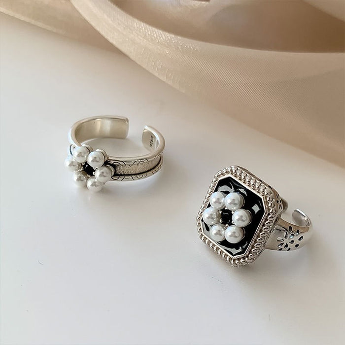 Wholesale Pure silver ring, fashionable and personalized, simple pearl, retro and open mouth ring trend