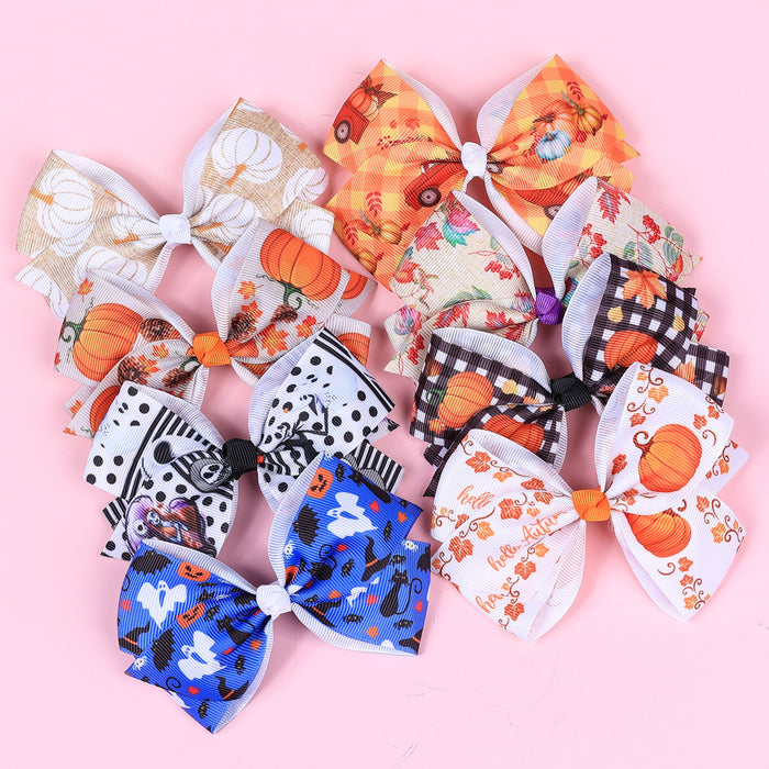 Wholesale Halloween Pumpkin Series Printed Bow Hairpin JDC-HC-QiuN016