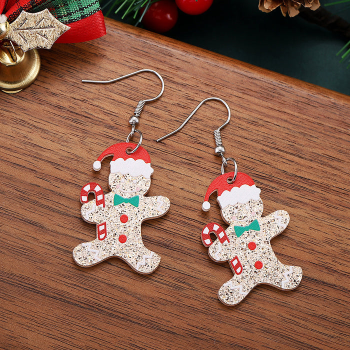 Wholesale Christmas Candy Cane Christmas Hat Gingerbread Man Sequin Pendant Earrings