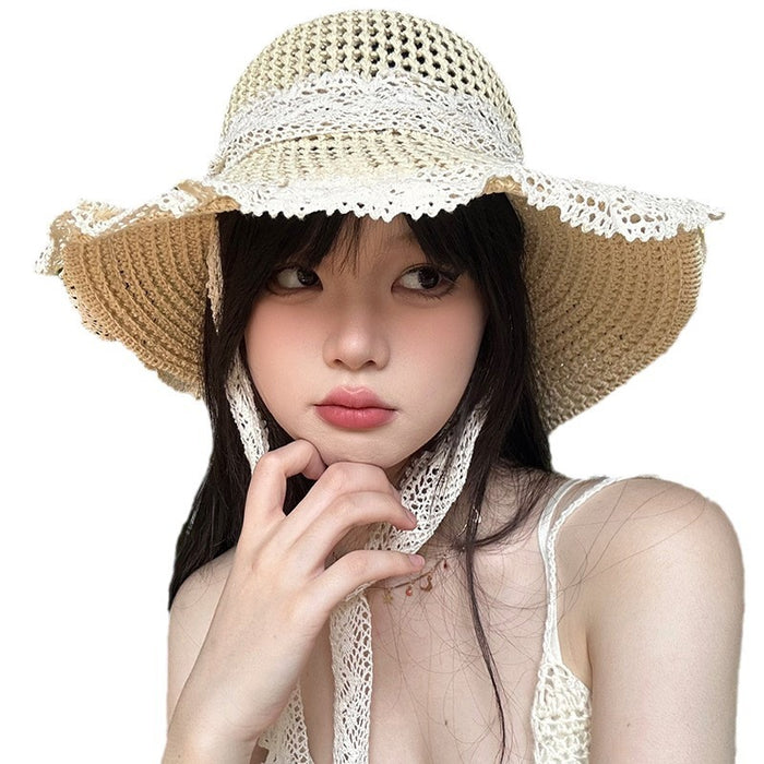 Wholesale Grass woven breathable lace lace tied fisherman hat versatile
