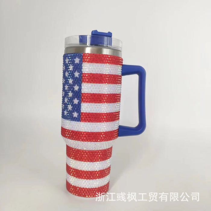 Wholesale Rhinestone Flag Bow Design 40oz Stainless Steel Insulated Car Cup with Handle MOQ≥2
