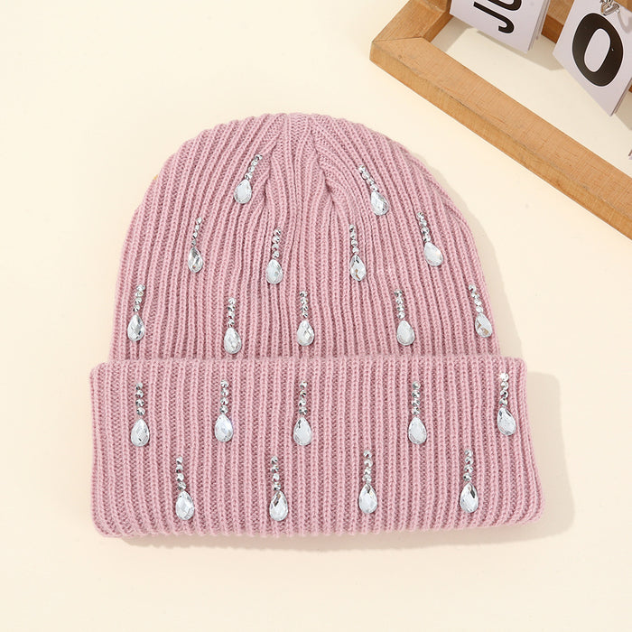 Wholesale Pearl sparkling diamond knitted hat,  double-layer outdoor warm woolen hat