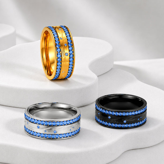 Wholesale Retro Carved Wide Band Ring Gold Stainless Steel Blue Tone Fashion Accessory