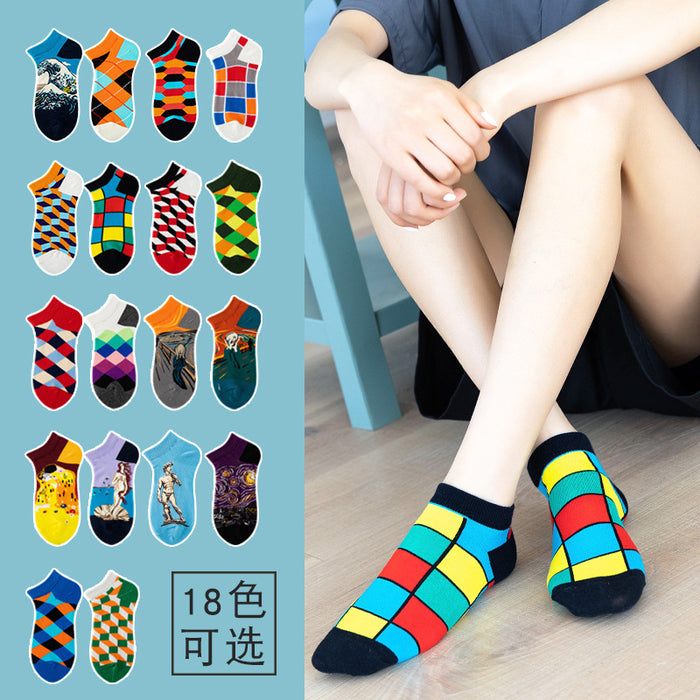 Wholesale Spring Summer Unisex Couple Geometric Colored Socks Cotton Men's Boat Socks Plaid Diamond Grid JDC-SK-CG001