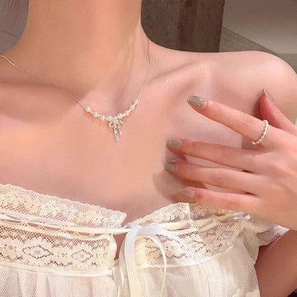 Wholesale Lace Bow Pearl Necklace Chic Women' s Collarbone Chain Jewelry