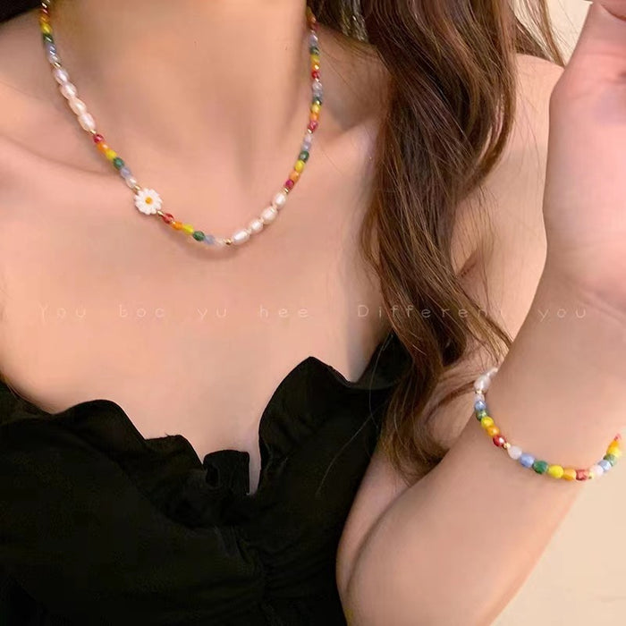 Wholesale Colorful Pearl Flower Necklace Women's Light Luxury Clavicle Chain Temperament Design Necklace