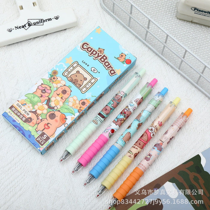 Wholesale 5pcs/set Cute Press Black Pen Capybara Party ST Quick Dry Brush Pen High Color Value Cartoon Burden Reduction Pen