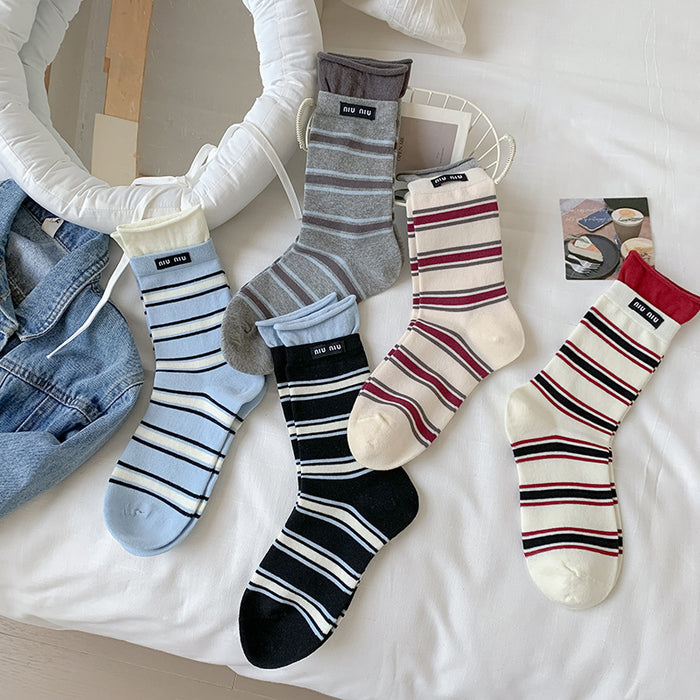 Wholesale Striped socks, mid tube, double ribbed, color blocked fabric, label pile socks, versatile long tube cotton socks