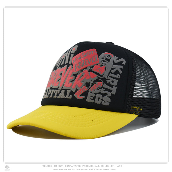 Wholesale Hip-hop printed letter baseball cap visor color-blocked street mesh trucker hat