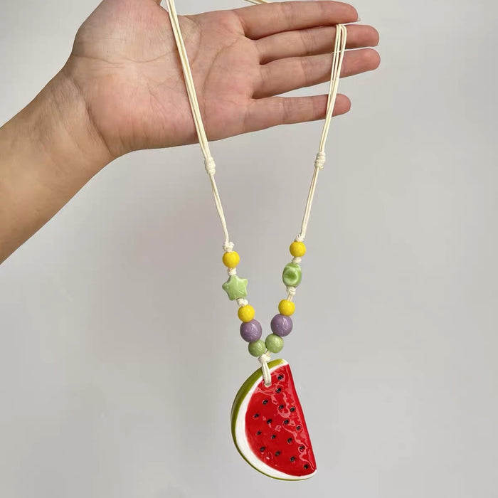 Wholesale Colorful Watermelon Bead Necklace Braided Rope With Alloy Chain Trendy Boutique Jewelry MOQ≥2
