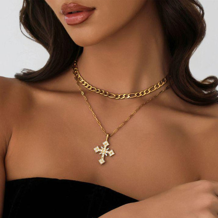 Wholesale Light luxury and high-end temperament, cross pendant necklace with full diamonds, versatile and layered sweater chain