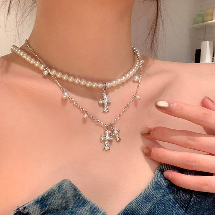 Wholesale Double layered diamond studded cross pearl necklace, niche personality, temperament, high-end feeling, collarbone chain