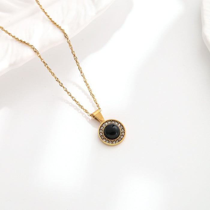 Wholesale Vintage diamond inlaid circular natural stone pendant necklace, light luxury niche stainless steel collarbone chain jewelry wholesale